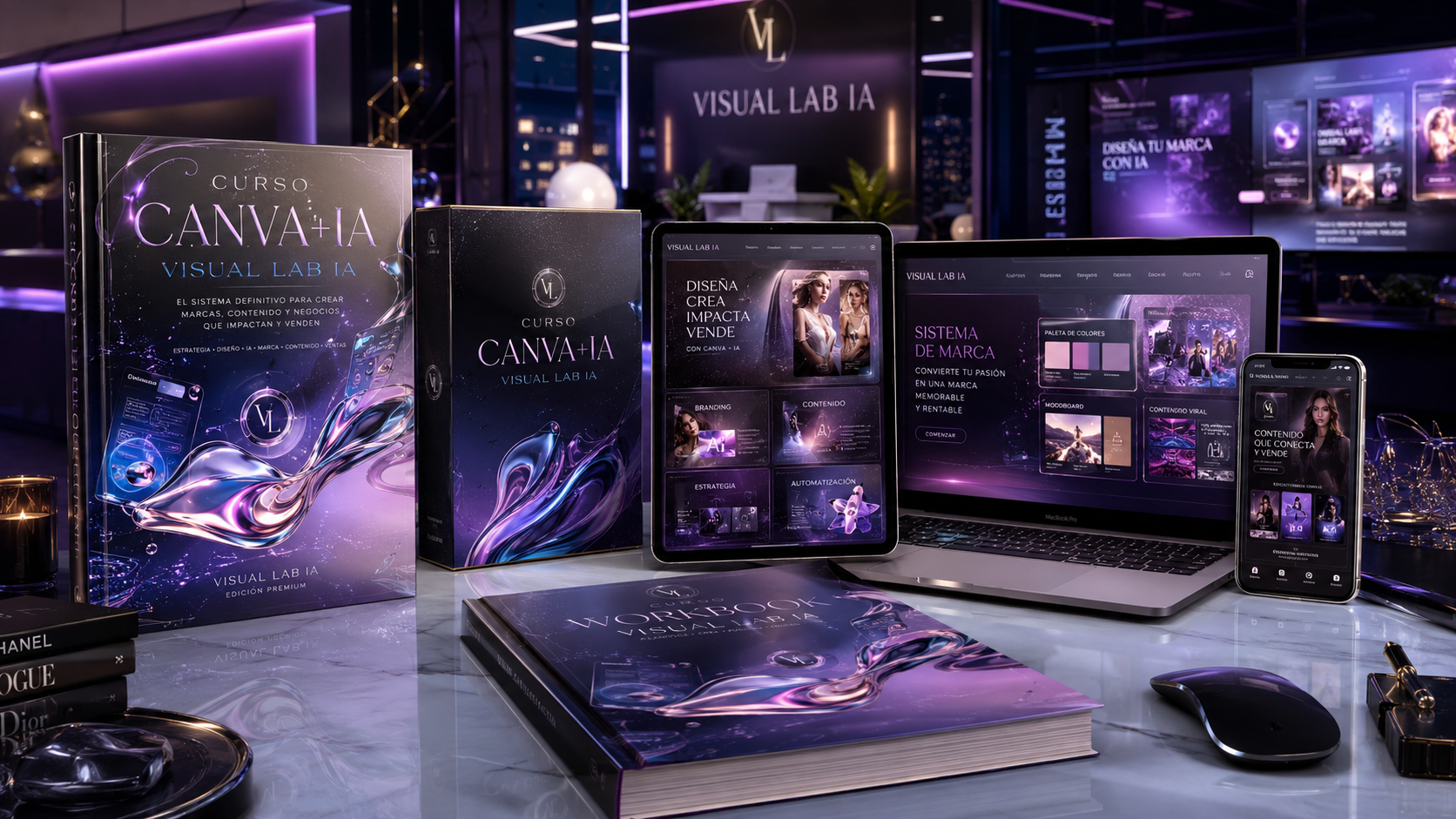 Mockup del Curso Canva + IA — Visual Lab IA